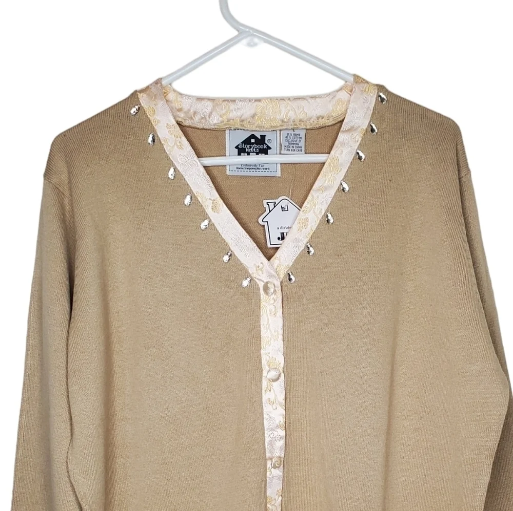 Storybook Knits Stunning Silver Cardigan Sweater, Silver and Gold Leaves Sz LG - Picture 4 of 13